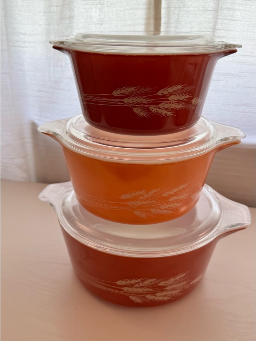 Pyrex Wheat Pattern Casserole Set in Two-Tone Orange and Brown